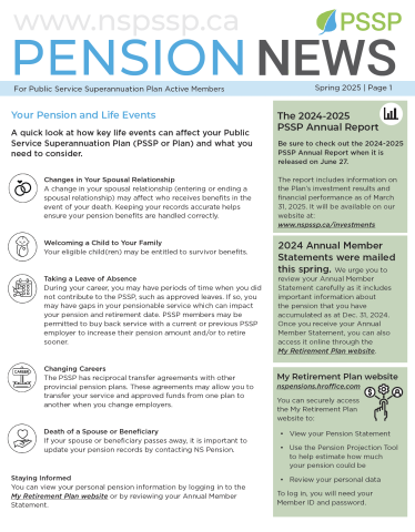 Page one of the Spring 2025 PSSP Pension News for Active Members