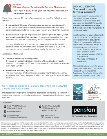 Page two of the Spring 2026 PSSP Pension News for Active Members
