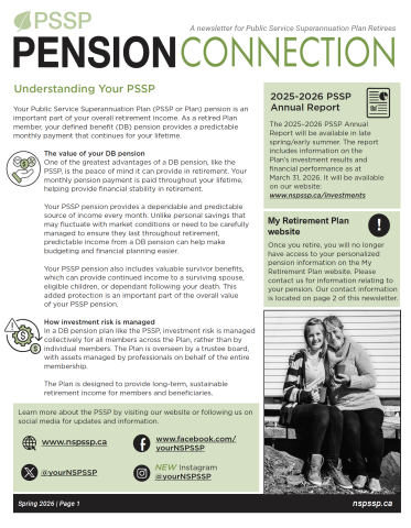 Page one of the Spring 2026 PSSP Pension Connection for Retirees